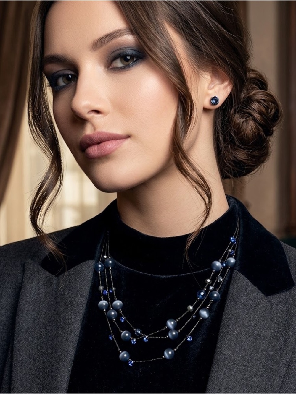 Black Chain Blue Crystal Beaded Multi-Layered Necklace